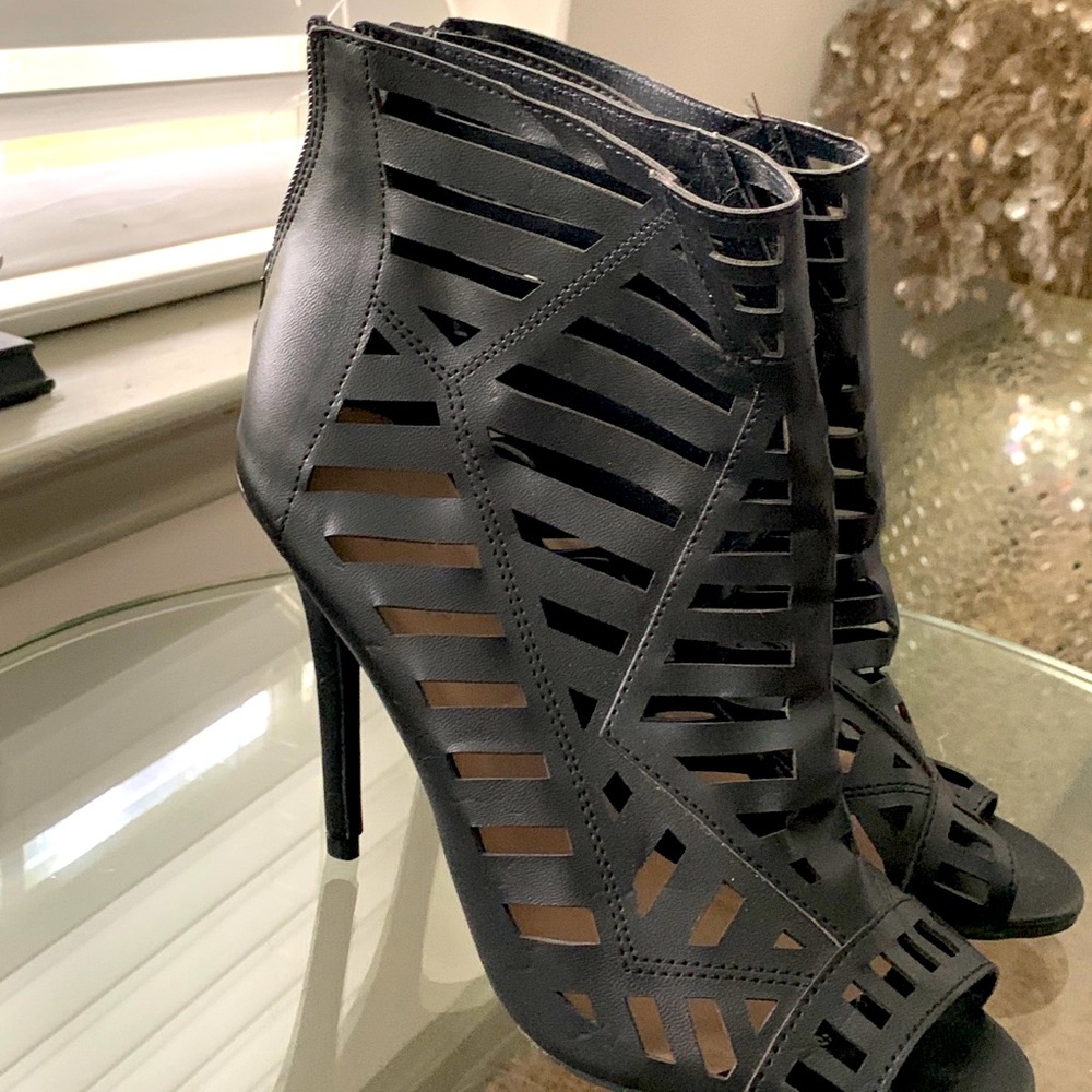Black Leather Cage Cutout Heels